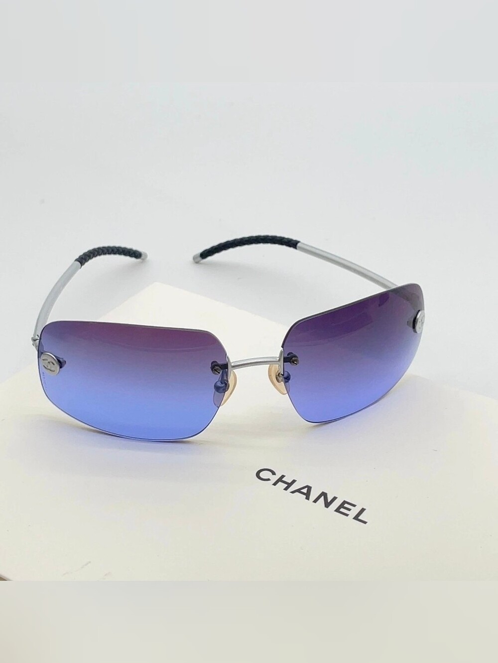 CHANEL Y2K Rimless Blue Gradient Rhinestone CC Mark Sunglasses Wbox - Picture 6 of 16